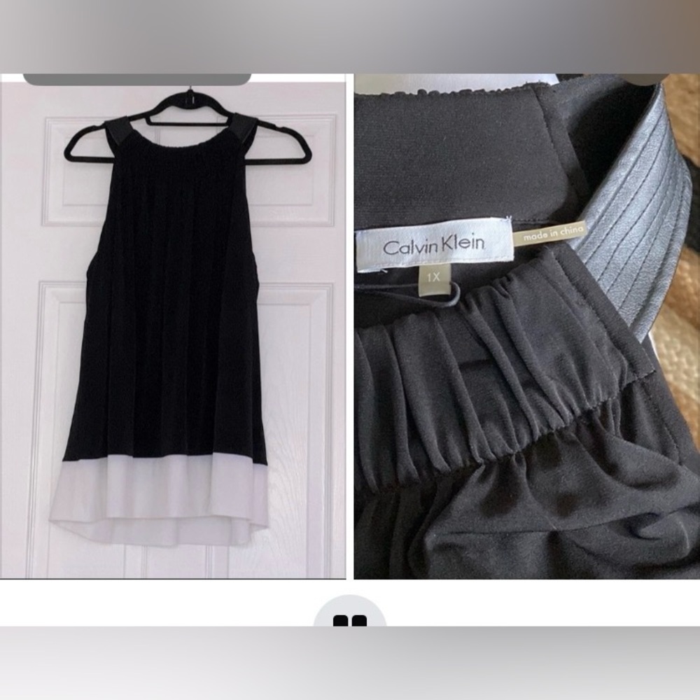 NWT-Cute Draped Black Tank w/ White Placard Hem Gold and Pleather Detail